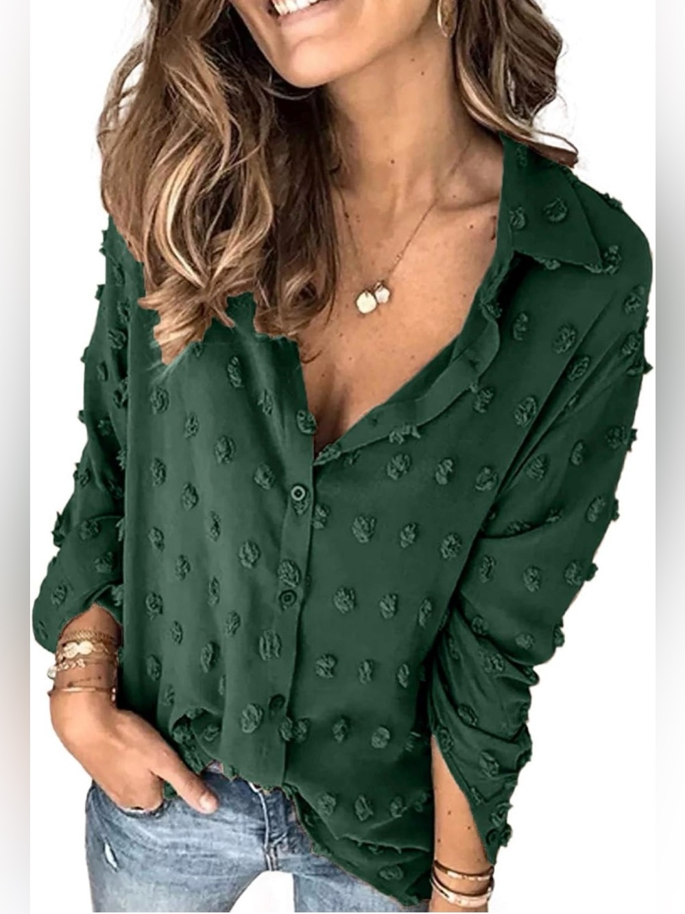 Swiss Dot, Chiffon, Pom Pom Long Sleeve Blouse with Button Down Front